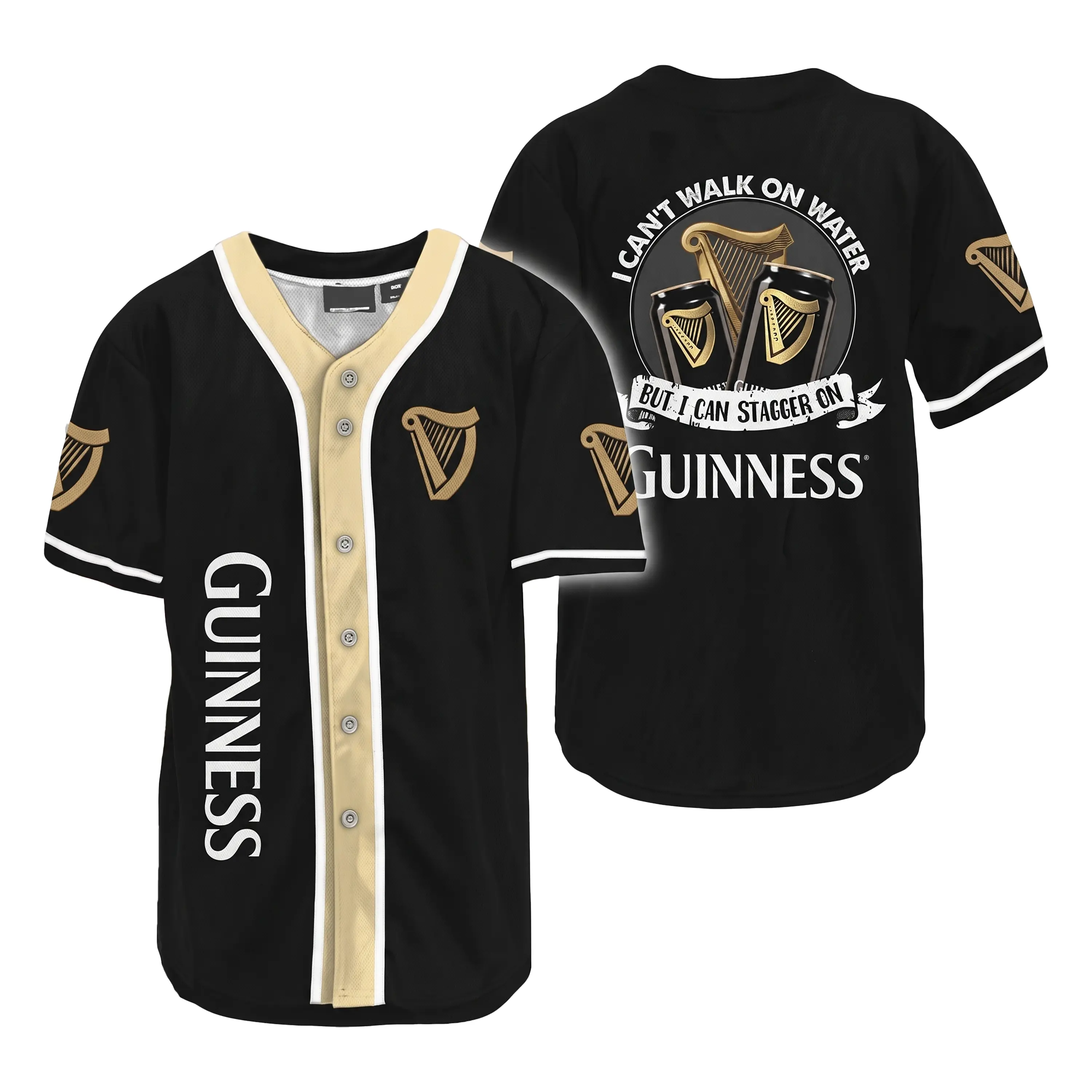 I Can't Walk On Water But I Can Stagger On Guinness Baseball Jersey | Funny Beer Lover Button Down Shirt | Drinking Gift For Men