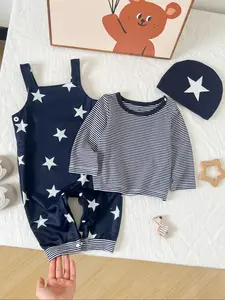 Newborn Baby Boy Girl Clothes Set, Cute Fashion Striped Long Sleeve T-Shirt, Star Print Romper + Hat Three-Piece Baby Clothing