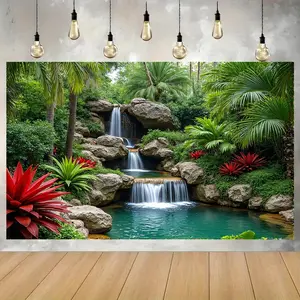 Tropical Waterfall Backdrop Landscape Nature Backdrop Green Forest Waterfall Background Cloth Scenic Tapestry Wall Hanging Photography Background Polyester Fiber Indoor Outdoor Party Birthday Anniversary Wedding Decor Studio Prop