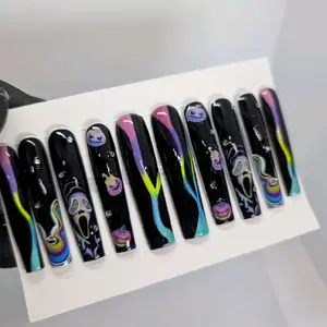 Trippy Ghost Face XL Nails - Black with Colorful Swirls and Ghost Designs for Festive Nail Art