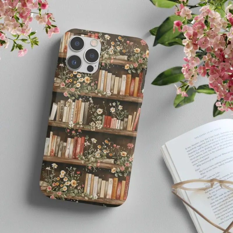 Durable Shockproof Floral Smartphone Case for iPhone 11-17 Pro, ProMax, Plus, Air - Handheld Cellphone Shell, Bookshelf Reading Plant Lover Gift, Mobile Phone Accessories