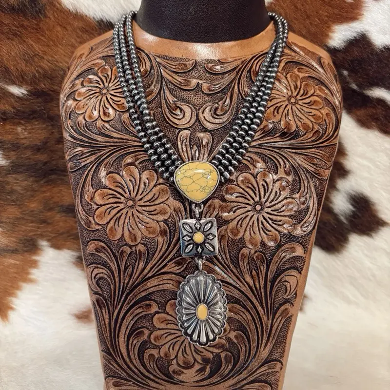 Western Semi-Stone Concho Drop Necklace