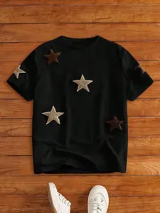 Men's Street Style Couple Star Print Towel Embroidery Short Sleeve T-Shirt, Streetwear, Casual Daily Wear, Anniversary Gift, Cross Pattern, Fashion