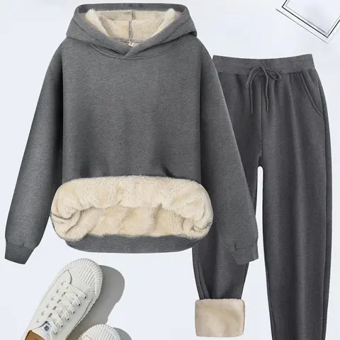 Women's Thermal Lined Solid Color Hoodie & Drawstring Waist Pants Two-Piece Boxy Set, Cozy Lounge Set, Casual Basic Long Sleeve Hooded Sweatshirt & Pocket Trousers for Fall & Winter, Women's Clothes for Daily Wear, Womenswear