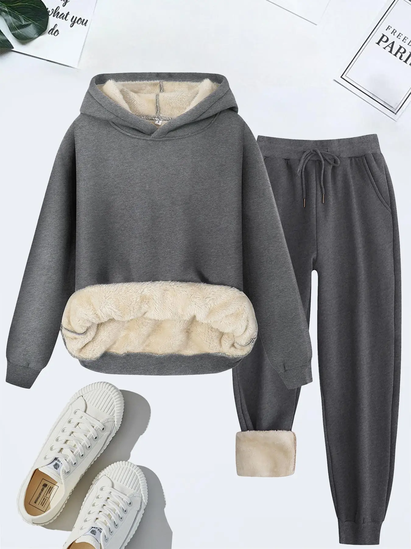 Women's Thermal Lined Solid Color Hoodie & Drawstring Waist Pants Two-piece Set, Casual Long Sleeve Hooded Sweatshirt & Pocket Trousers for Fall &
