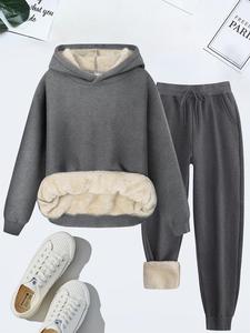 women's  thermal lined   solid color hoodie & drawstring waist pants two-piece set, casual long sleeve hooded sweatshirt & pocket trousers for fall & winter, women's clothes for daily wear