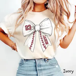 Comfort Colors Custom Baseball Bow Shirt, Baseball Mom Shirt With Kids Name & Jersey Number, Baseball Wife shirt, Cute Baseball Mama Shirt