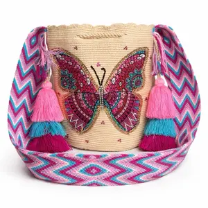 Butterfly Artisan Handmade Bag Wayuu - Handcrafted Wayuu Woven Bag with Sticker & Shimmering Crystals - Authentic Boho-Chic Style