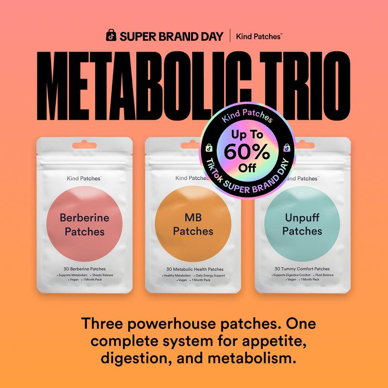 Kind Patches Metabolic Trio Bundle, MB Patches + Berberine Patches + Unpuff Patches, Metabolic Support, Clean Energy, Balanced Gut, Digestive Health, Natural Ingredients, 3 Months Supply