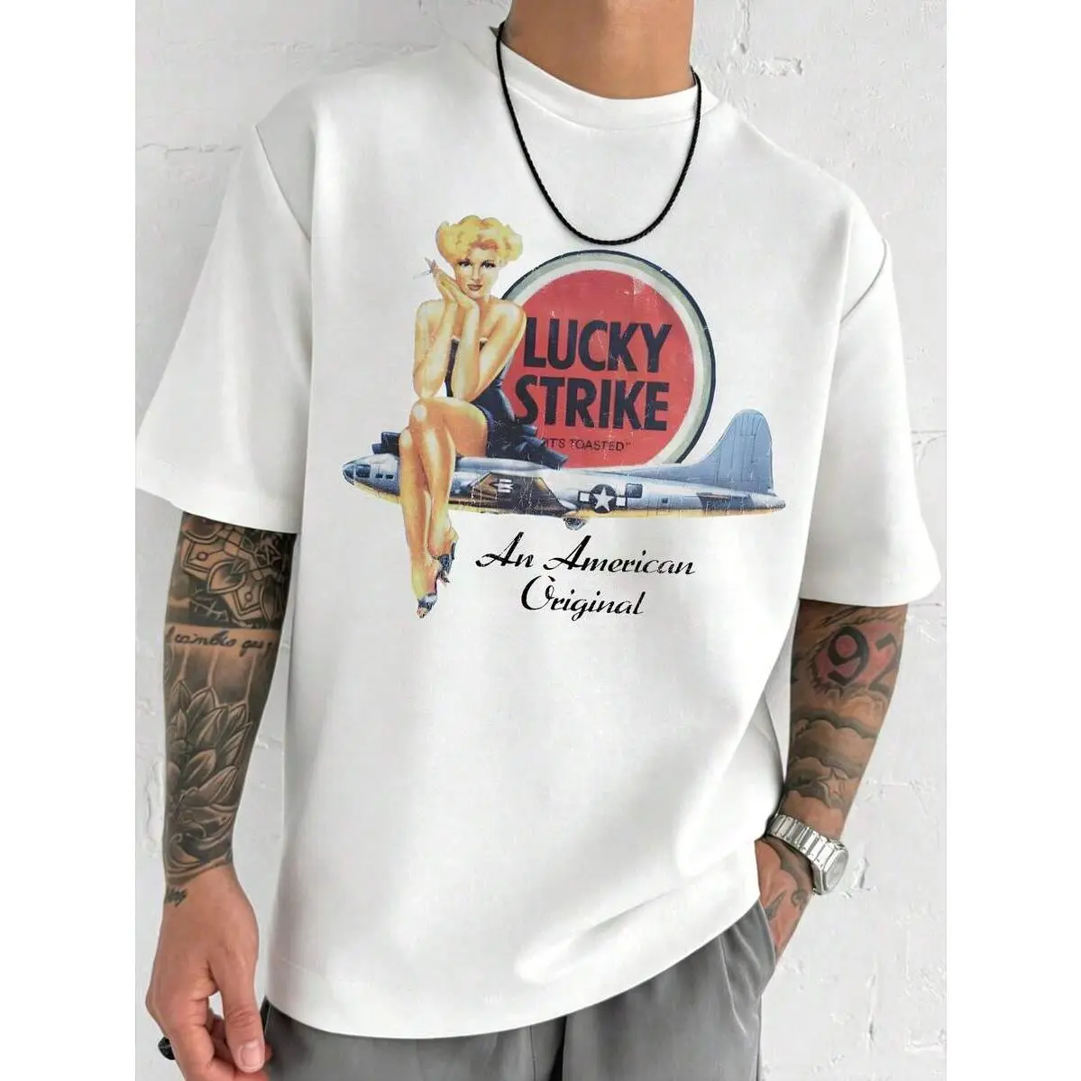 Men’s Lucky Strike cigarette brand retro poster girl T-shirt | retro-inspired print | graphic tee | fun design | streetwear top |