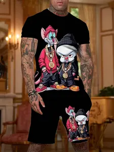 Men's Cartoon Print Short Sleeve Set, Fashion Hip-Hop Style T-Shirt and Shorts Two-Piece Set, Trendy
