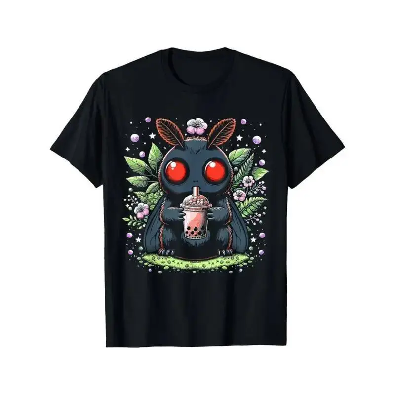 Summer t Shirts [Mothman Boba Tea Graphic Tee] Soft Cotton Mothman Boba Tea Kawaii Graphic Tee