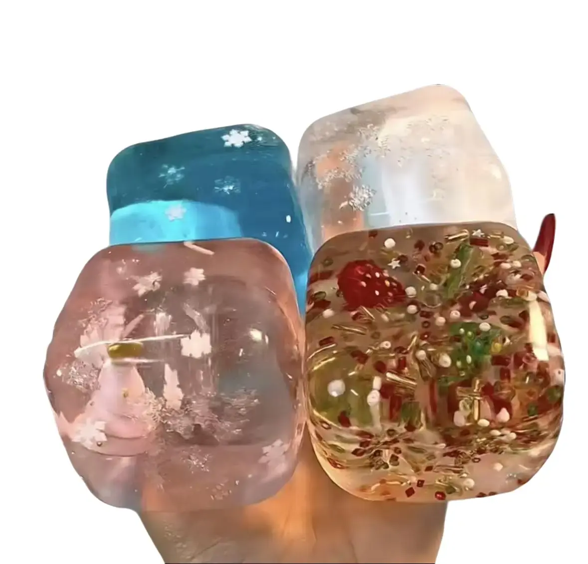 Chiboki Unisex Christmas-Themed Irregular Crystal Block Squishy, Transparent Glitter Jelly Non-Rebound Stress Relief Toy, Palm-Size Fidget Toy with Snowflake & Xmas Confetti, Ideal Holiday Party Favor Gift
