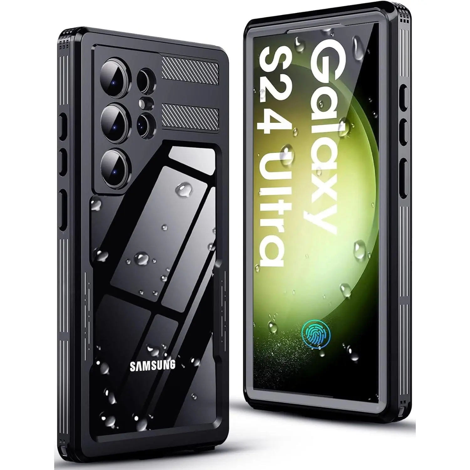 Rugged Full Body Waterproof Smartphone Case with Built-in Screen Protector - Shockproof, Drop-Proof Protection for Samsung Galaxy S24 Ultra 5G Handheld Cellphone Devices - Black/Clear, Casing