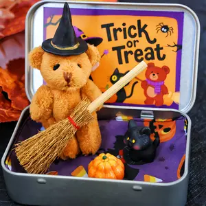 1pc, Halloween Gift, Themed Gift Box, Teddy Bear in a Box for Trick or Treat - Miniature Witcher, Blanket, Broom, Pumpkin & Cat, Pocket Teddy Hug, Halloween Decoration for Home and Party