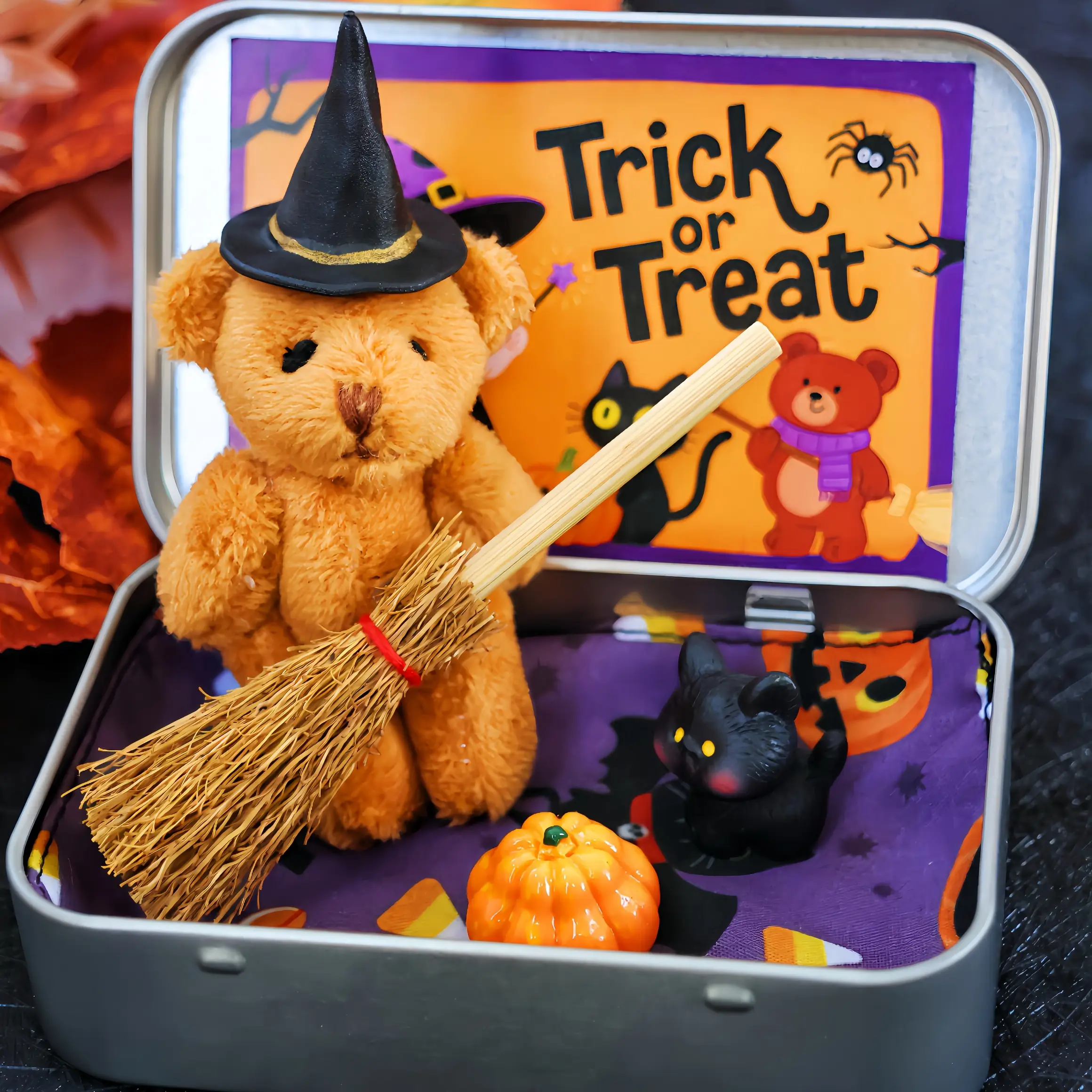 1pc, Halloween Gift, Teddy Bear in a Box for Trick or Treat - Miniature Witcher, Blanket, Broom, Pumpkin & Cat, Pocket Teddy Hug, Halloween Decoration