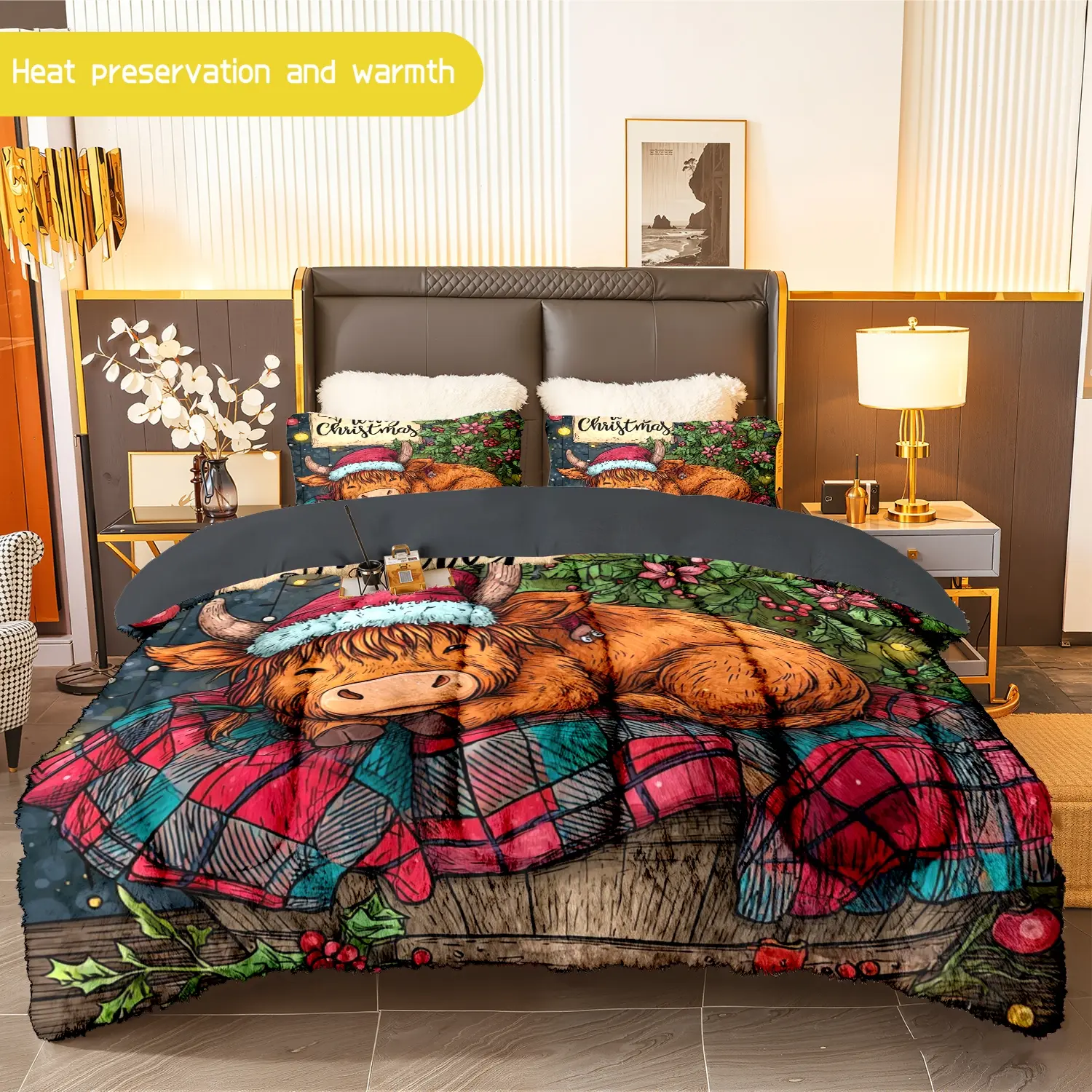 3pcs (1 comforter + 2 pillowcases) Christmas Highland Cow Flannel and Milk Velvet Comforter Set, Soft Warm Cozy Bedding Set for Adults, Trendy Flannel and Milk Velvet Bedding Essentials