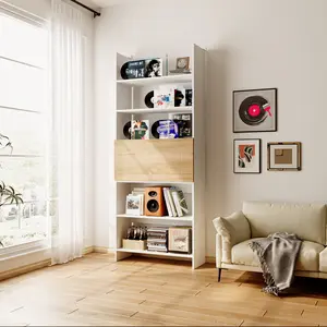 FUFU&GAGA 78" Tall Ladder Bookshelf with Flip-Out Desk, Wall-Mounted Vinyl Record Storage, White & Oak Finish