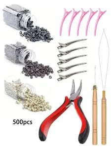 500 silicone hair extensions, 1 hair clip, 1 crochet hook, 1 pull tab, 5 plastic crocodile hair clips, and 5 metal duckbill clips.