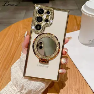 Luxury Glitter Mirror Functionality Phone Case with Bracket Stand, Rhinestone Decor Phone Protective Cover, Phone Accessories Compatible with Samsung Galaxy S26 S25 S24 S23 S22 Ultra Plus