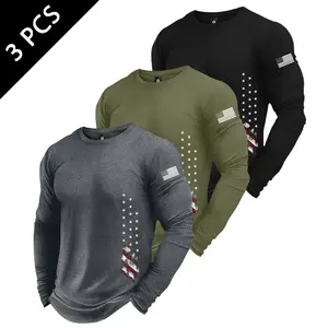 Men's fashionable casual long-sleeved T-shirt, 3-pack, men's spring and autumn American flag print sweatshirt top, a perfect gift for your husband or boyfriend.