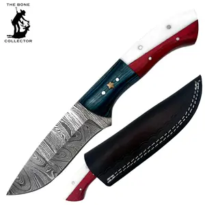 DEER CREEK 9-in Hunting Knife, Wooden Handle Texas Flag Design, Damascus Steel Blade, Bone Collector Style, with Leather Sheath for Sports & Outdoor Camping Hiking