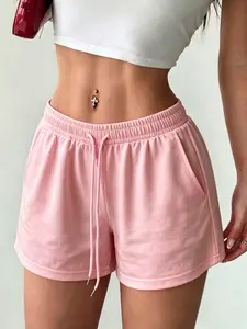 Women's Plain Elastic Waist Drawstring Casual Shorts, Loose Fit Home Workout Pants with Pockets, Summer Lightweight Daily Outdoor Wear, Fashion Basic