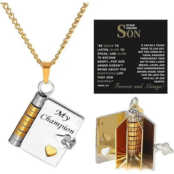 Veliora Casual Mini Book Locket Pendant Necklace, Personalized Jewelry with "My Champion" Message, Meaningful Gift for Son from Dad/Grandma for Fathers Day Occasions Costume Jewelry