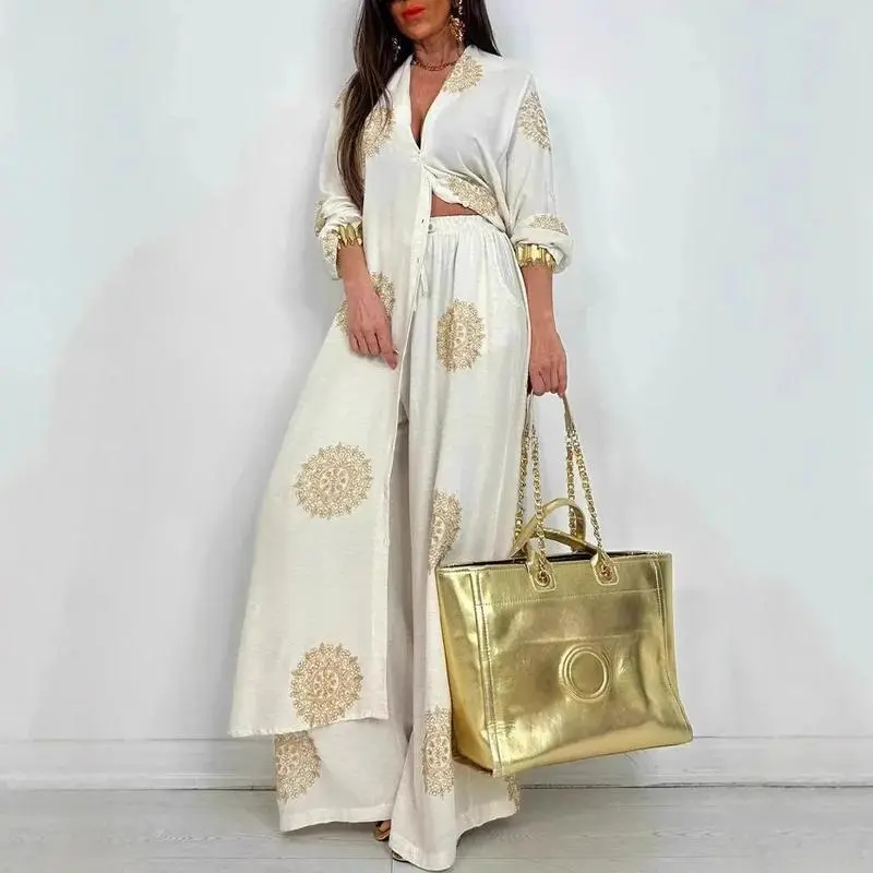 Women's Loose Long Vintage Printed Robe Set Spring Summer Casual Button Shirt Blouses Wide Legs Pants Two-piece Outfit
