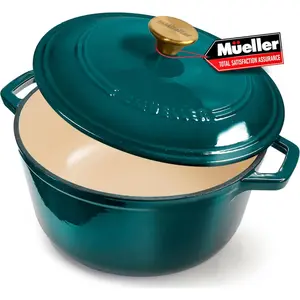 ccMueller DuraCast 6 Quart Enameled Cast Iron Dutch Oven Pot with Lid, Heavy-Duty, Oven Safe up to 500 °   F & Across All Cooktops, Wedding Registry Ideas & Gifts, Emerald