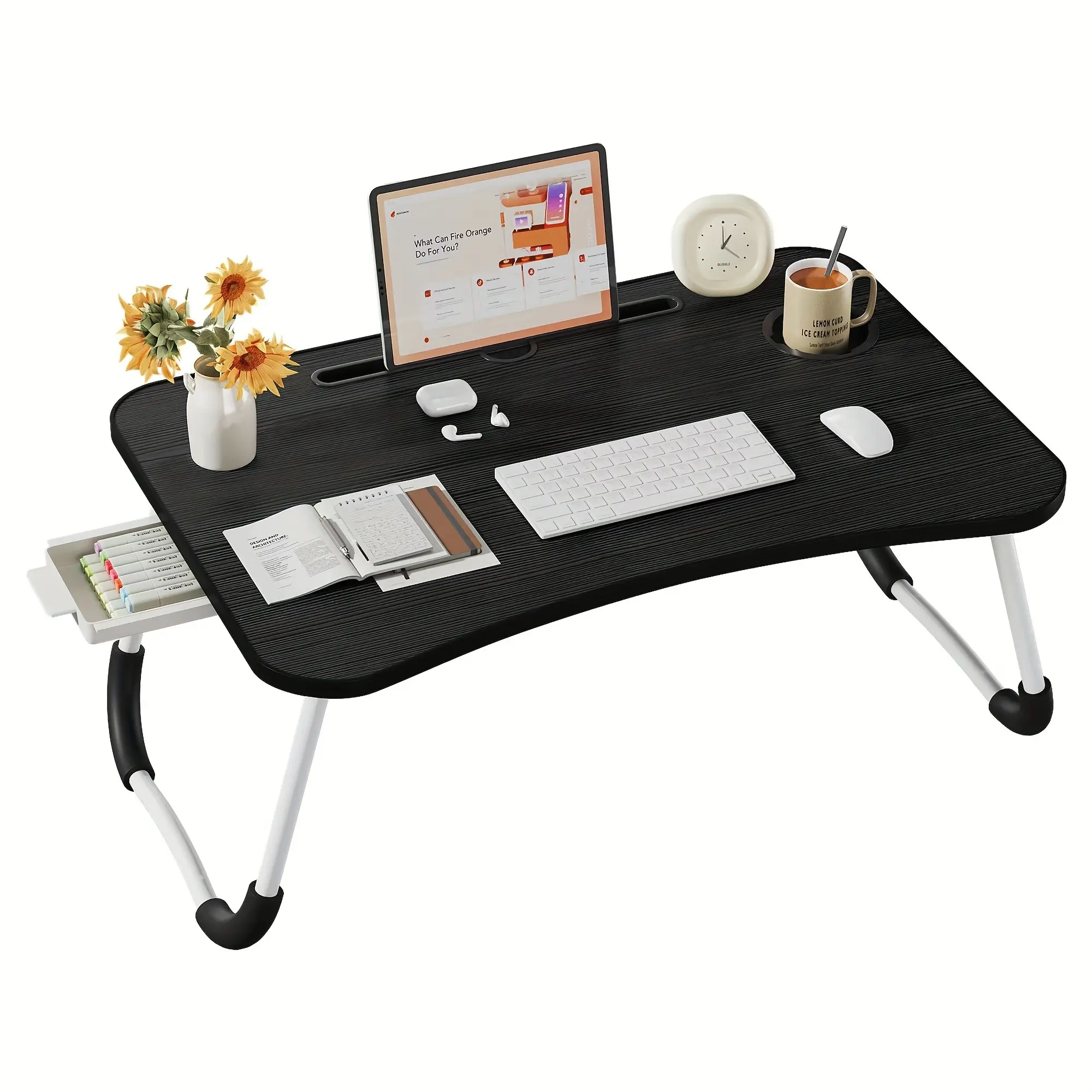 Back To School Foldable Lap Desk for Bed, Wooden Bed Tray Desk with Tablet Slot, Cup Holder & Side Storage Drawer, Portable Laptop Stand for Couch, Sofa, Floor, Reading & Eating