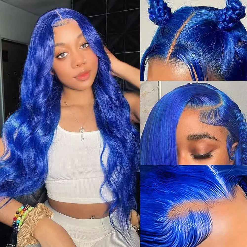 KingSup 13x6 Blue HD Lace Front Wigs Human Hair Body Wave Royal Blue HD Lace Frontal Wig Pre Plucked with Baby Hair Blue Colored Lace Front Wig For Woman