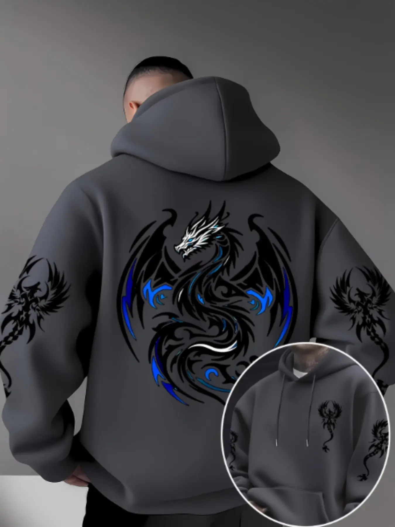 Men's Dragon Print Gothic Style Dark Aesthetic Streetwear Hoodie, Gothic Hoodies, Fashion Hoodies, Soft Stretch Knit Fabric, Casual Fitted Style, All Seasons Wear, Fun Graphic Top for Young Adults