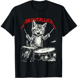 Rock On Vintage Drummer Cat 80s Band Style T-Shirt