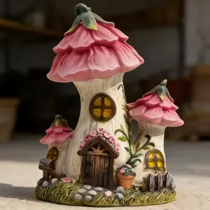 Creative Flower Mushroom House Resin Statue Ornament, Perfect for Courtyard Lawn Garden Decor, Unique Outdoor Sculpture Addition