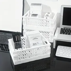 3-Pack Foldable Collapsible Storage Baskets, 5.98 Inch Compact Stackable Plastic Organizer, Japanese Style Desktop Drawer, Multi-Purpose Home Organization
