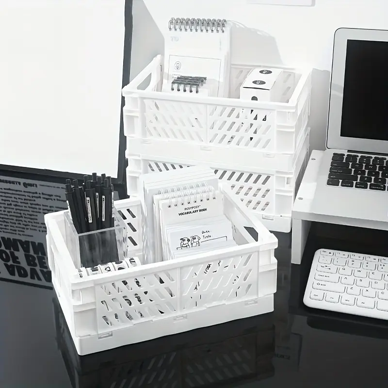 3-Pack Foldable Collapsible Storage Baskets, 5.98 Inch Compact Stackable Plastic Organizer, Japanese Style Desktop Drawer, Multi-Purpose Home Organization