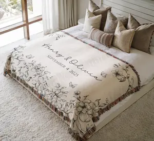 Personalized Couple Name Woven Blanket, Floral Monogrammed Blanket 100% Cotton, Gift for Her