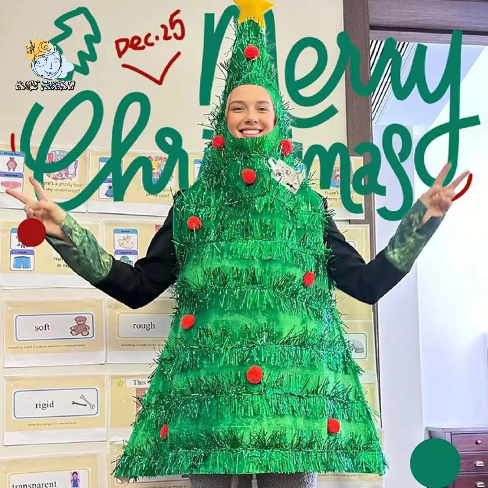 Unisex Loose-Fitting Plush Christmas Tree Costume, Polyester Tree-Patterned with Tinsel Trim, 131.5cm/51.77in One Size for Halloween Party Stage (Festive & Party Supplies Accessory)
