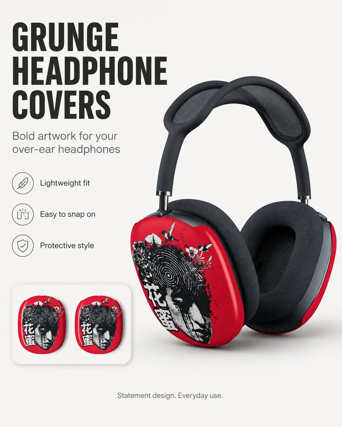 Red Grunge Art Plastic Over Ear Headphone Ear Cup Covers - Single Pair Lightweight Snap-On Protective Covers with Bold Print