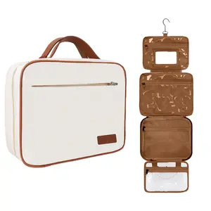 ESSENTE Women's Travel Toiletry Bag with Removable Pouch and Hanging Hook - Water Resistant Makeup Cosmetic Oraganizer with Multiple Compartments for Accessories (OFF WHITE FAUX LEATHER)