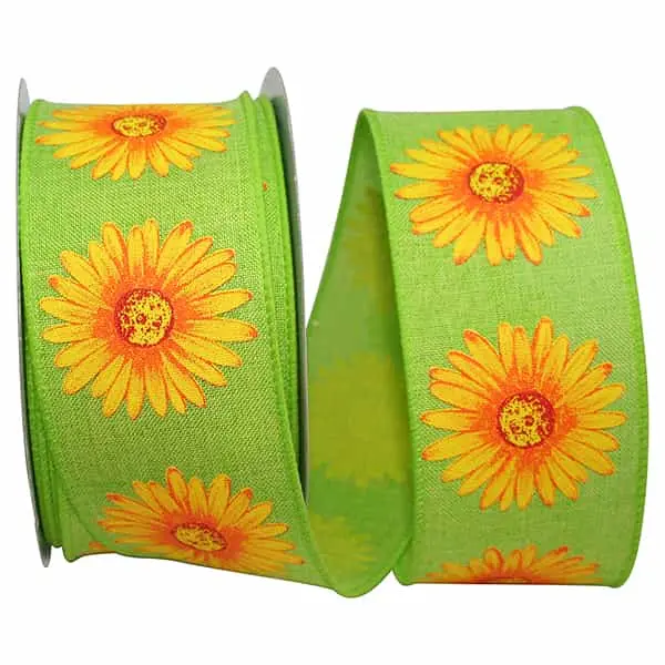 Gerbera Daisy Linen Ribbon --- 2.5" x 20 yards --- Lime / Yellow