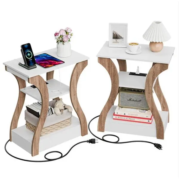 Zenstyle 2-Piece Wood-Framed Rectangle End Tables - Narrow Tiny U-Shaped Side Tables with Charging Station, White Nightstand Indoor Furniture, Tiny End Tables