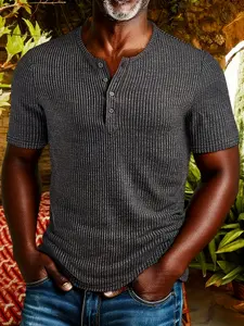 Men's Vertical Striped Henley Short Sleeve T-Shirt, Vintage Classic Business Casual Style, Textured Knit Breathable Slim Fit, Daily Commute Top