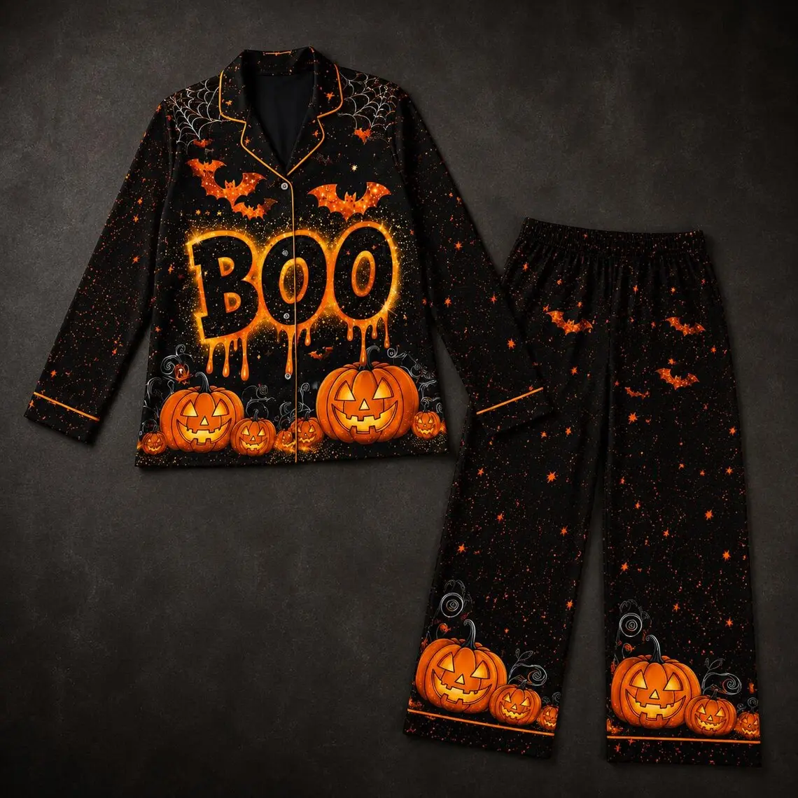 Halloween Boo Satin Pajama Set, Women's Short & Long Pajamas, Pumpkin Sleepwear, Spooky PJ Set, Halloween Gift