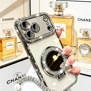 【CH United Creation Products】Luxury Glitter Clear iPhone Case with Built-in Makeup Mirror, Foldable Stand, Shockproof Protection for iPhone 14-17 Pro Max Plus, Women's Trendy Aesthetic Outdoor Fun Gift