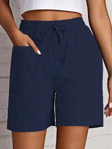 Summer New Women's Solid Color Pocket Loose High Waist Casual Fashion Capri Pants, Trendy and Comfortable, Perfect for Daily Wear, Drawstring Pocket Shorts