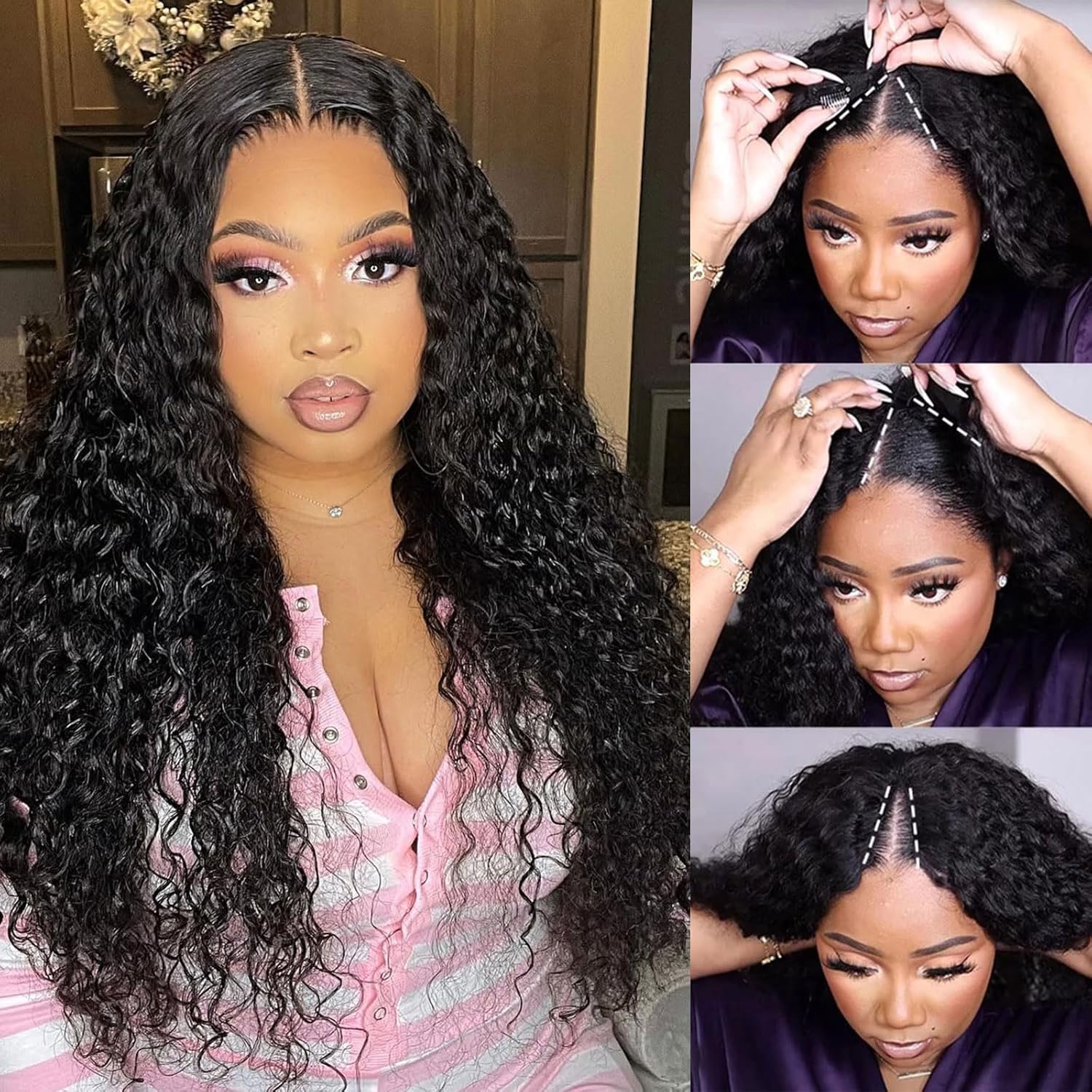 【Bye Bye Slip】 Bling Hair Deep Wave Wig V Part Human Hair Wigs with Drawstring Ready To Wear Invisible Knots Wig for Beginners Friendly All Day Secure