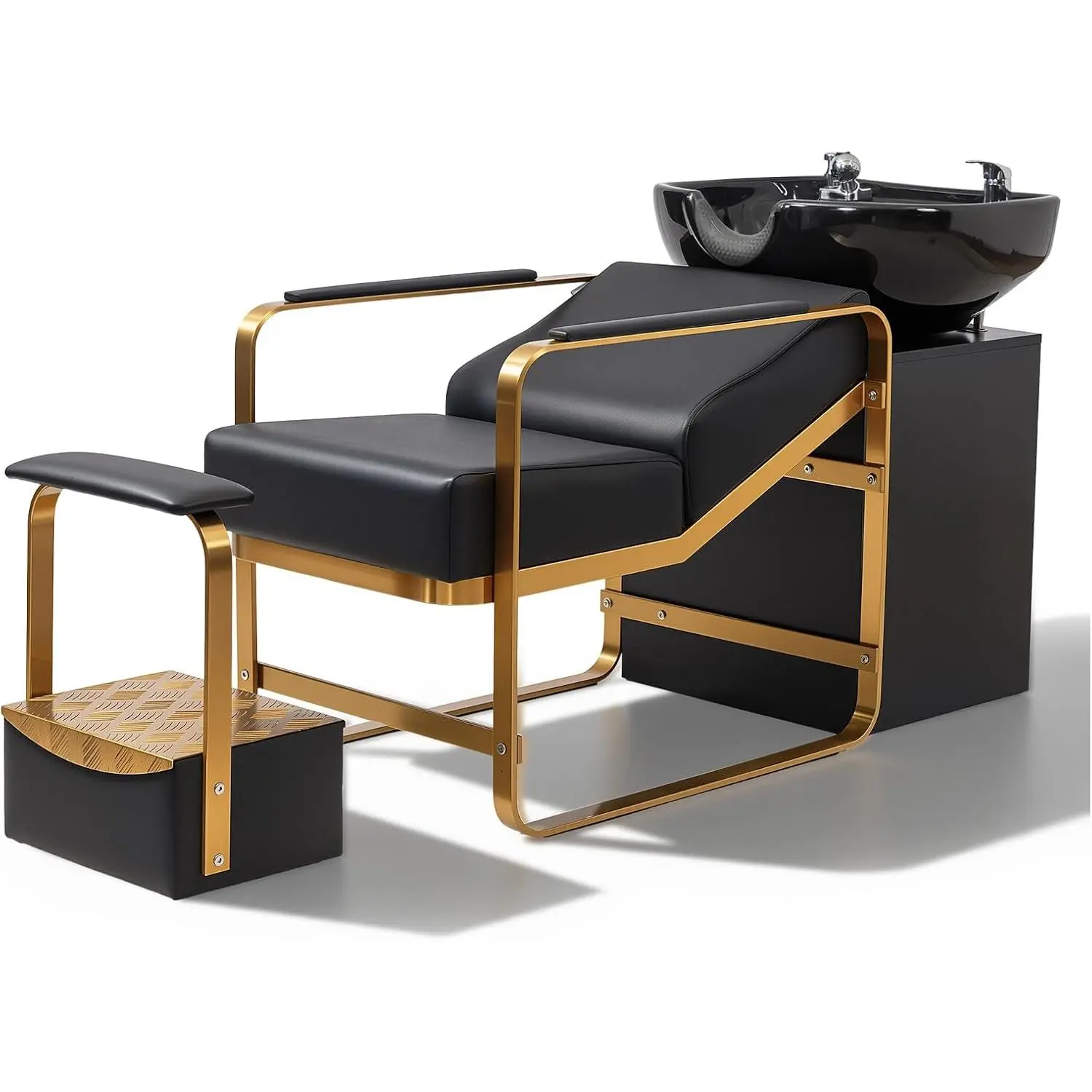 OmySalon Commercial Salon Sit-Down Shampoo Chair - Sturdy Stainless Steel Frame, Waterproof UPC-Certified 23.6" x 19.7" Deep Basin, Adjustable Footrest, Modern PU Leather Backwash Unit with Storage for Beauty Spa (Black and Gold)