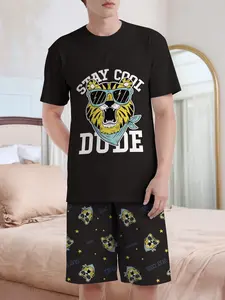 Men's Regular Fit Cartoon Print Tee & Pants Pyjama, Casual Comfy Round Neck Short Sleeve T-Shirt & Pants PJ Set, Men's Sleepwear for Summer Pajamas, Nightwear Loungewear Set, Casual Pajamas Outfit, Home Sleepwear